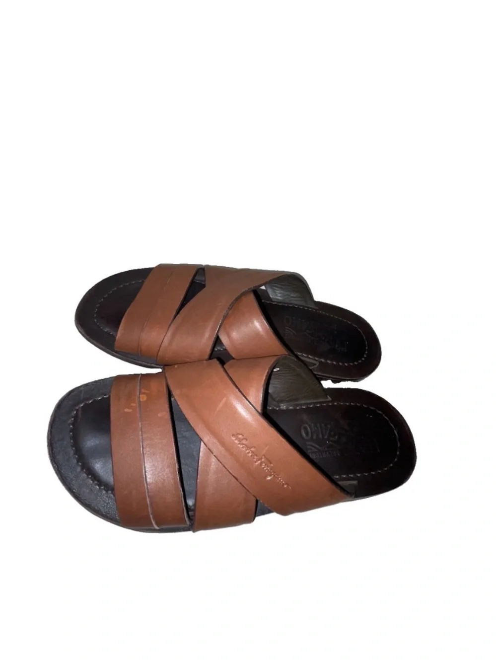 Salvatore Ferragamo Mens Brown Leather Sandals with  Logo Slip On 7D Unisex w9